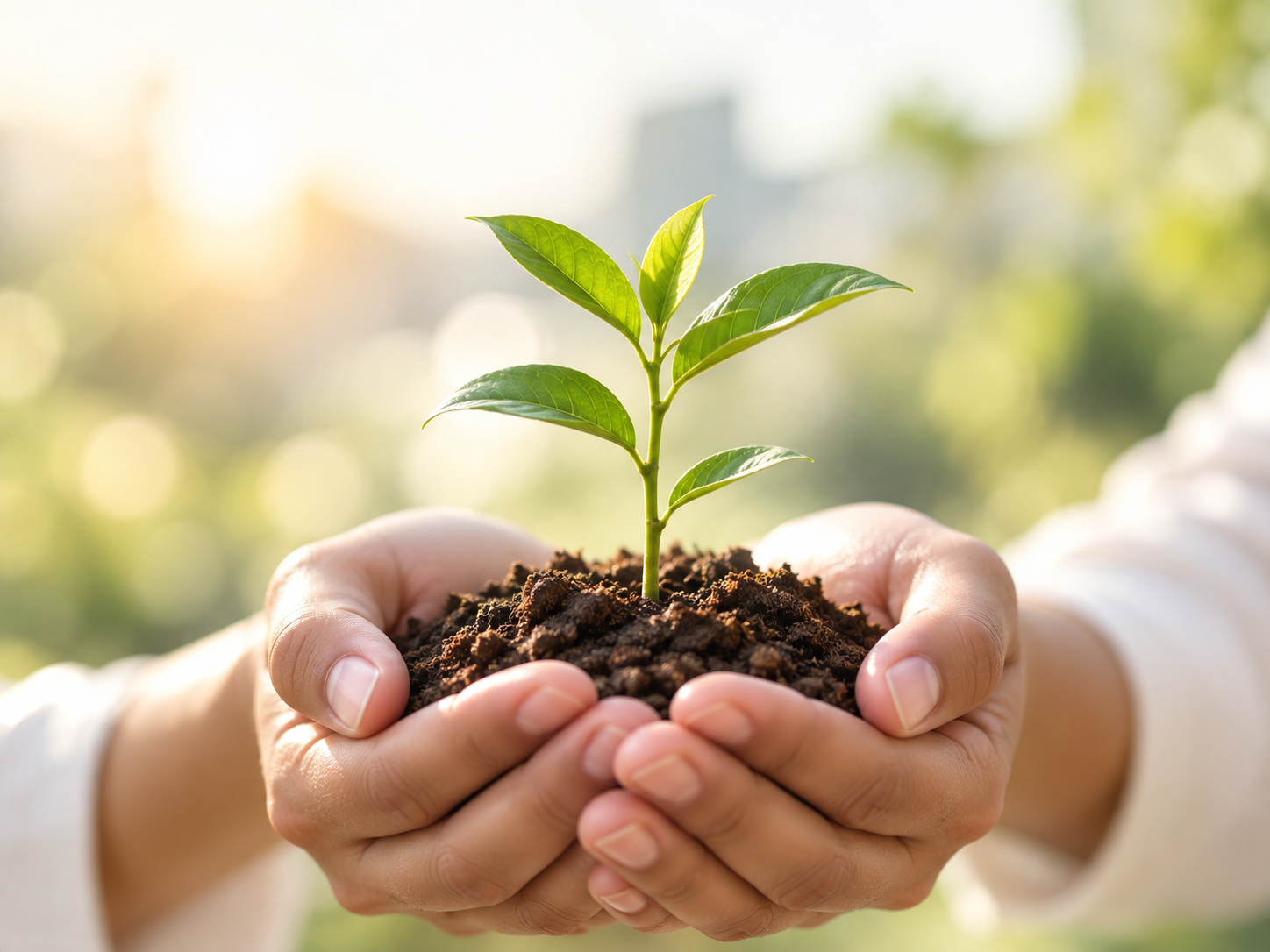 Hands holding a growing seedling