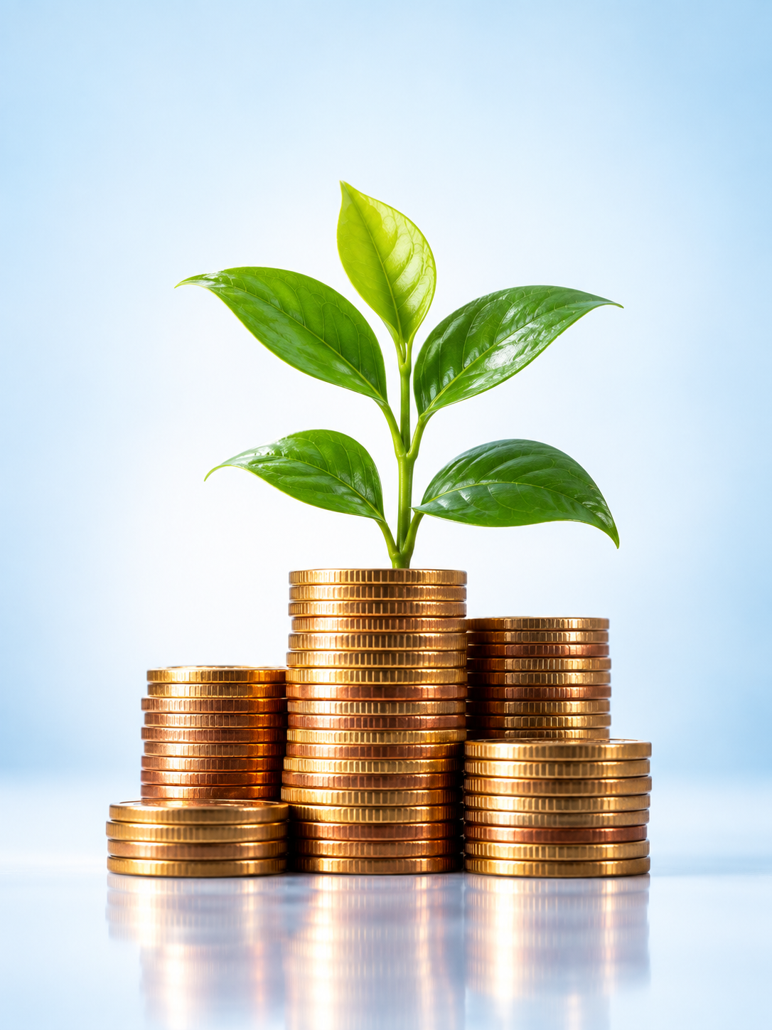 Green plant growing above stacked coins